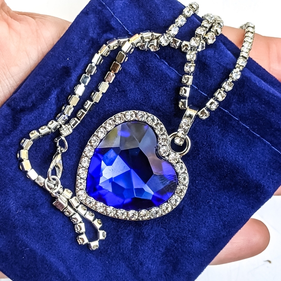925 Sterling Silver Titanic Faux Sapphire Necklace | Heart of La Mer - Picture 5 of 7